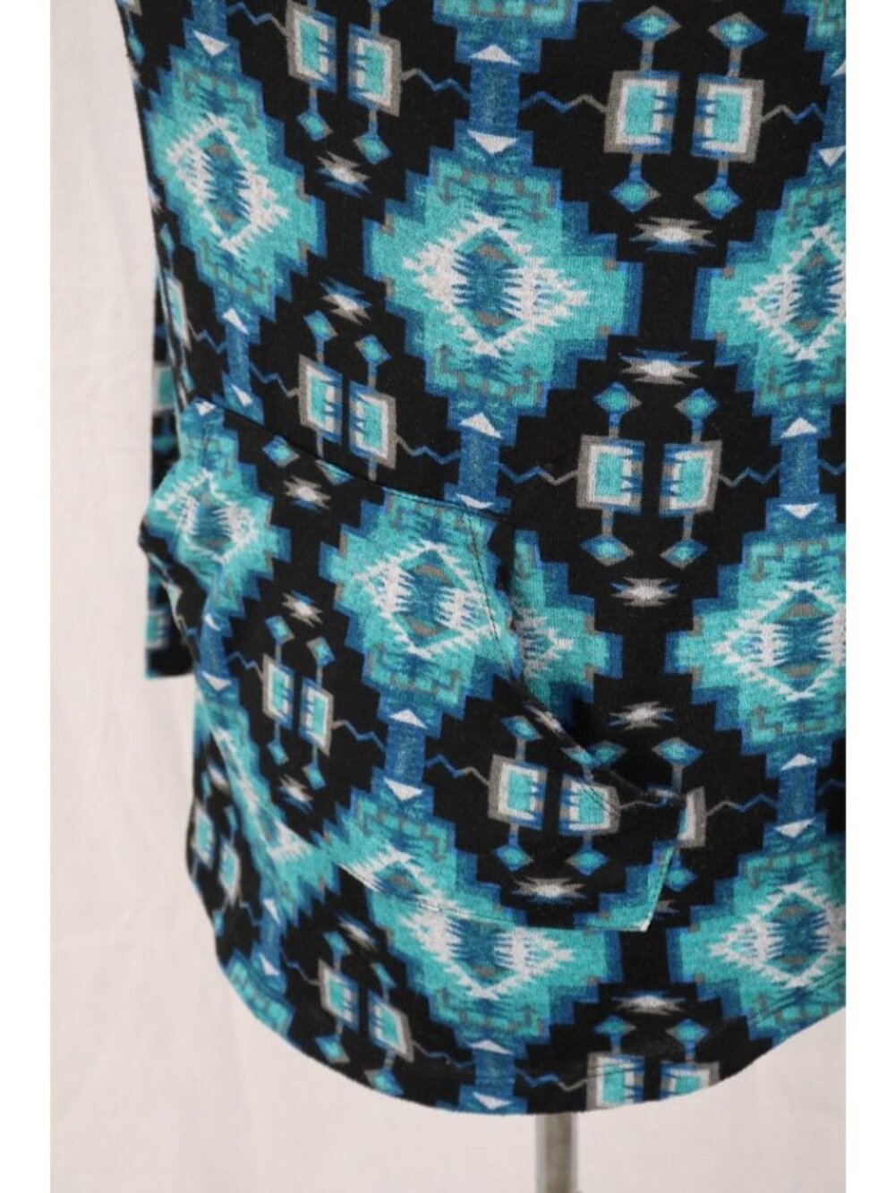 Aztec Southwestern Top Womens 1X Teal Black Cowl Neck Hoodie Kangaroo Pocket VTG - Picture 3 of 12